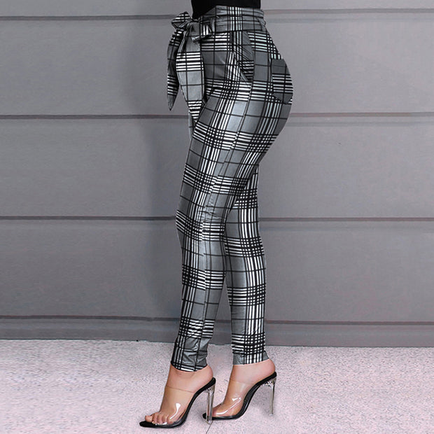 Casual Slim Plaid Print Bow Bandage High Waist Pencil Pants Ladies Streetwear Leopard Print Trouser SJ7505R