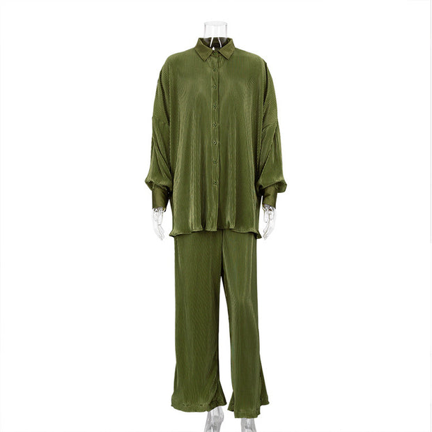 Women's Long-sleeved Pleated Loose High-waist Trouser Suit
